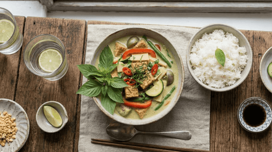 A steaming bowl of fragrant tempeh green curry recipe served with a side of fluffy white rice, lime wedges, and fresh basil.