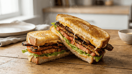 A toasted tempeh bacon grilled cheese featuring layers of smoky Royal Tempeh bacon, melted vegan cheese, lettuce, and tomato on crusty bread.