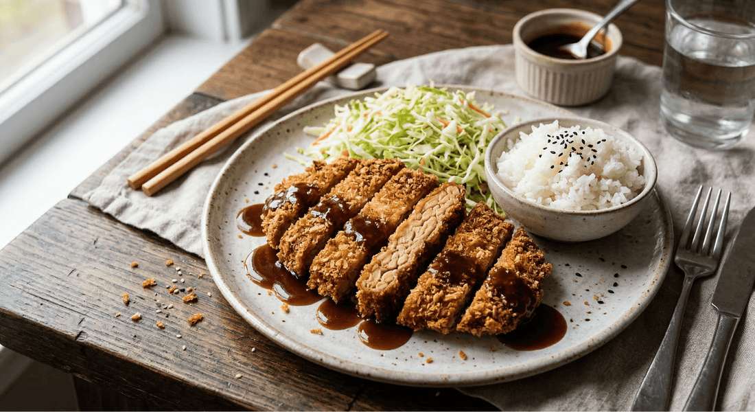 A crispy, golden-brown tempeh katsu recipe cut into strips and drizzled with savory sauce, served on a plate with shredded cabbage, white rice, and a side of dipping sauce.