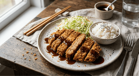 A crispy, golden-brown tempeh katsu recipe cut into strips and drizzled with savory sauce, served on a plate with shredded cabbage, white rice, and a side of dipping sauce.