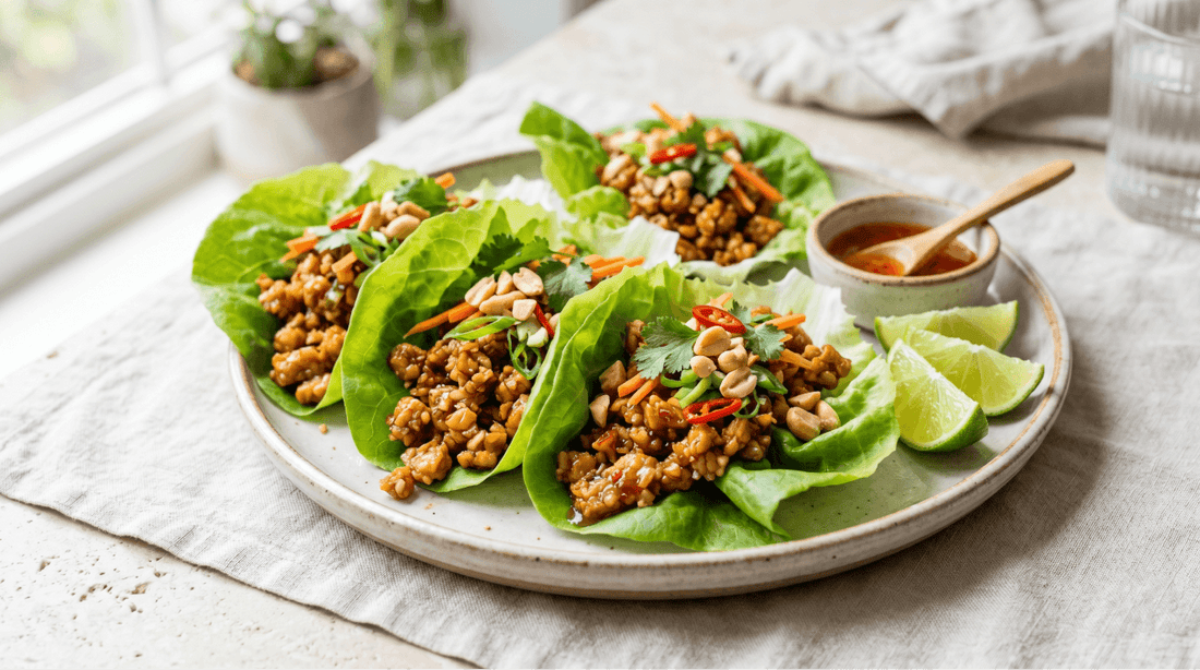 A plate of three easy sweet chili tempeh lettuce wraps garnished with crushed peanuts, fresh cilantro, and lime wedges, served with a side of sweet chili dipping sauce.