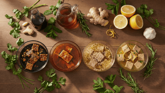 A top-down view of four different tempeh marinade recipes in glass bowls, featuring various ingredients like soy sauce, honey, ginger, lemons, garlic, and fresh herbs.