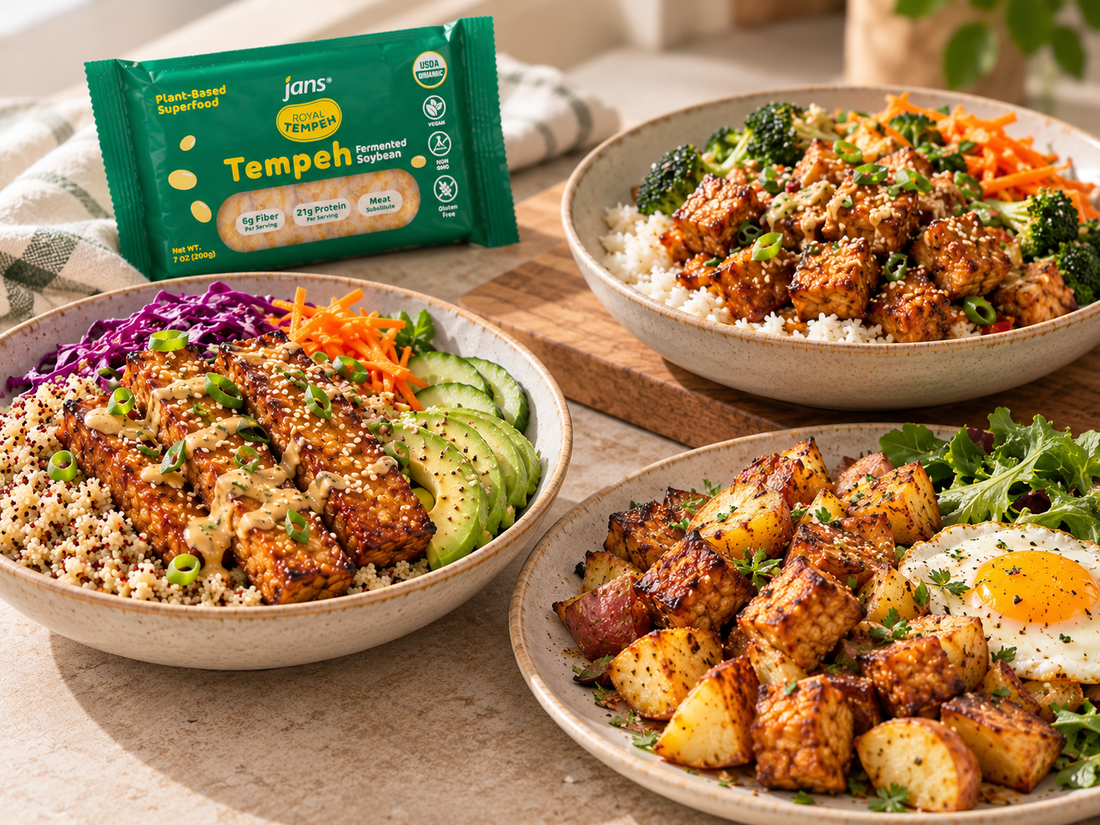 Three diverse bowls featuring delicious Royal Tempeh pairings, including a grain bowl with roasted tempeh and vegetables, a rice dish with diced savory tempeh, and a breakfast bowl with spiced tempeh cubes and a fried egg.