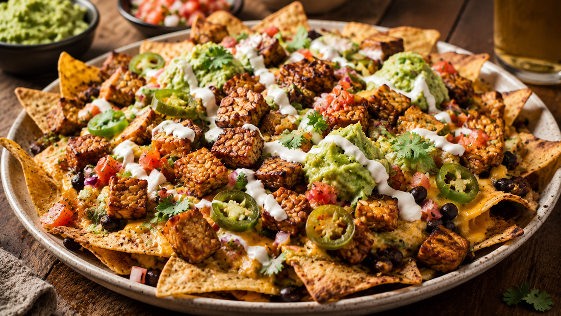 A massive platter of easy tempeh nachos piled high with crispy tortilla chips, seasoned Royal Tempeh cubes, melted cheese, black beans, guacamole, and a drizzle of sour cream.