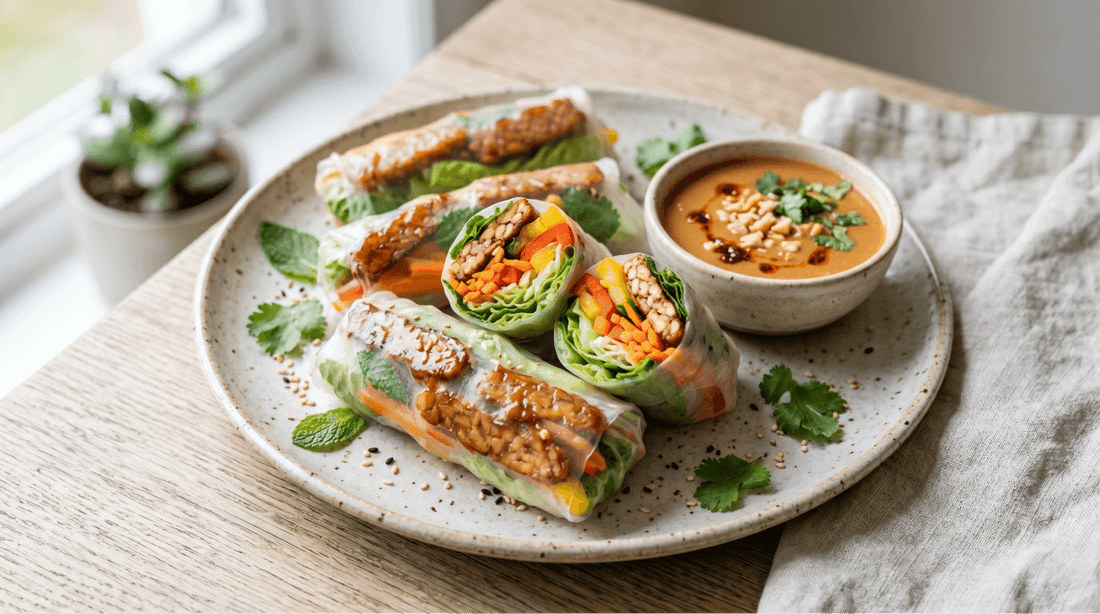 A plate of three translucent fresh tempeh rice paper rolls filled with Royal Tempeh, herbs, and shredded vegetables, served with a creamy peanut dipping sauce.