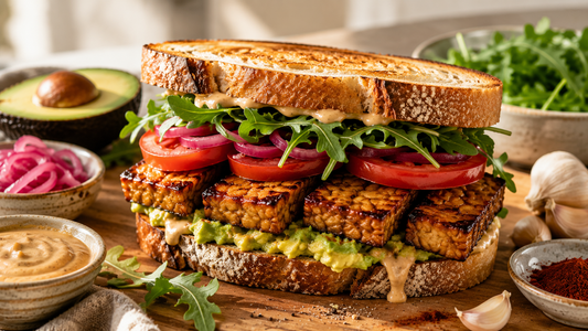 A thick artisanal sandwich loaded with crispy, pan-seared rectangular strips of seasoned Royal Tempeh, mashed avocado, sliced tomatoes, pickled red onions, and fresh green arugula, served on a wooden board next to a bowl of sauce.