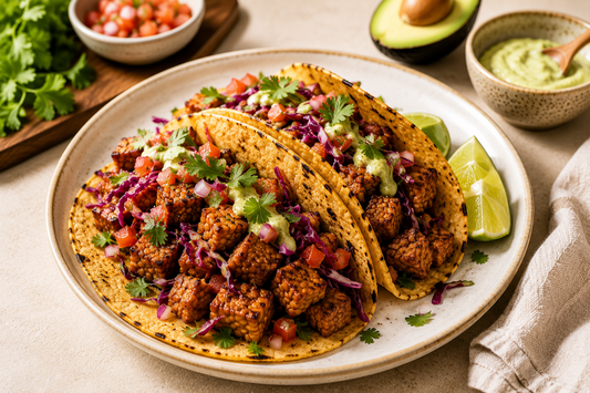 Two loaded corn tortillas filled with cubed, seasoned Royal Tempeh, shredded purple cabbage slaw, fresh cilantro, and a drizzle of white crema, served on a round plate with lime wedges, avocado halves, and fresh salsa nearby.