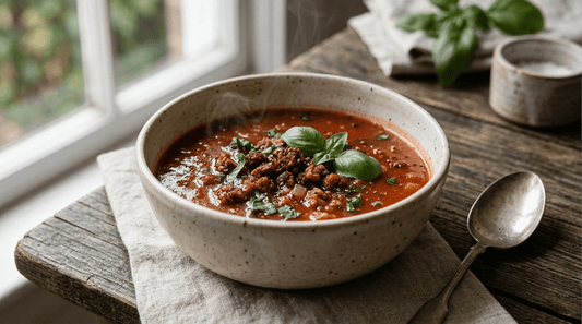 A steaming bowl of creamy tempeh tomato soup recipe topped with fresh basil and savory tempeh crumbles, served on a rustic wooden table.