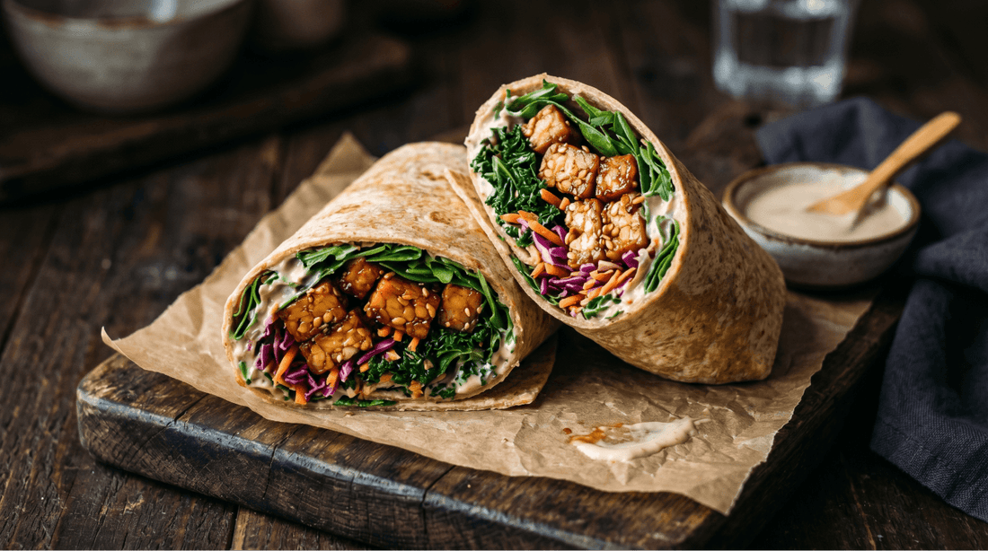 Two halves of an easy tempeh veggie wrap showing marinated Royal Tempeh, shredded cabbage, and fresh greens, served on parchment paper with a side of creamy dip.