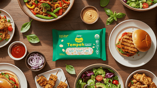 A flat-lay display of various healthy meals like burgers, stir-fry, and salads surrounding a green package of Royal Tempeh.