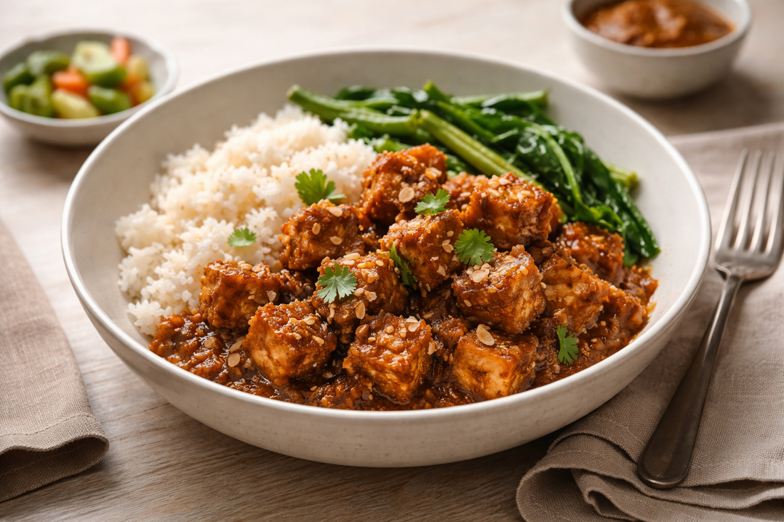 A bowl of savory tempeh rendang recipe featuring cubed Royal Tempeh slow-cooked in a rich, dark spice paste, served with white rice and green beans.