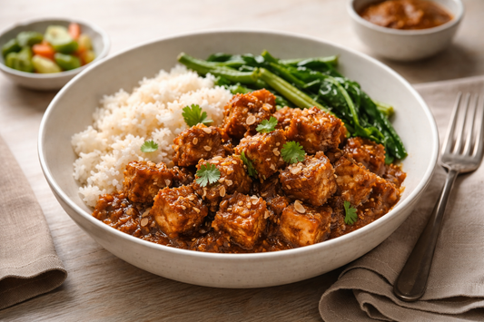 A bowl of savory tempeh rendang recipe featuring cubed Royal Tempeh slow-cooked in a rich, dark spice paste, served with white rice and green beans.