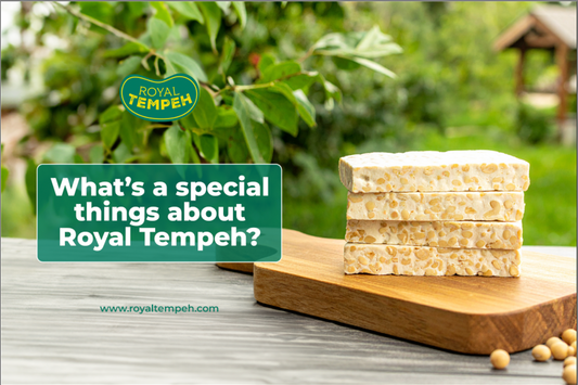Royal Tempeh promo showing stacked tempeh slices on a wooden board with text asking what’s special about Royal Tempeh.