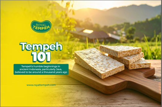 Royal Tempeh 101 promo showing fresh tempeh blocks on a wooden board with a scenic farm background.