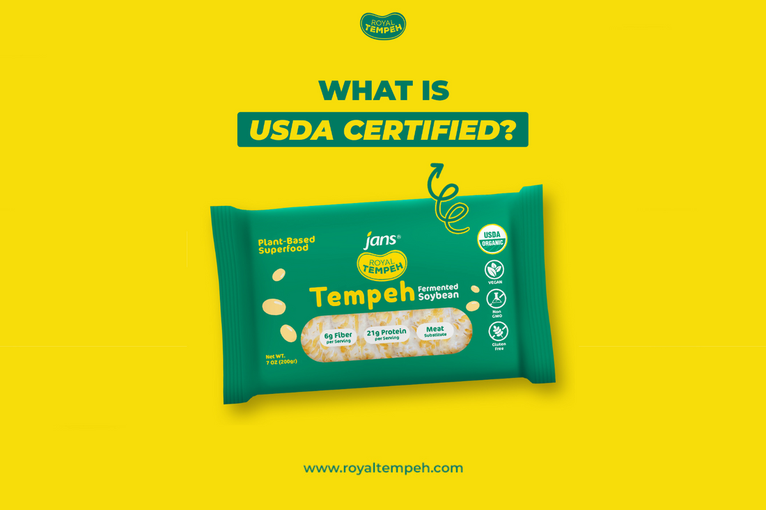 Royal Tempeh USDA certified promo showing packaged tempeh with plant-based, vegan, non-GMO, and gluten-free labels.
