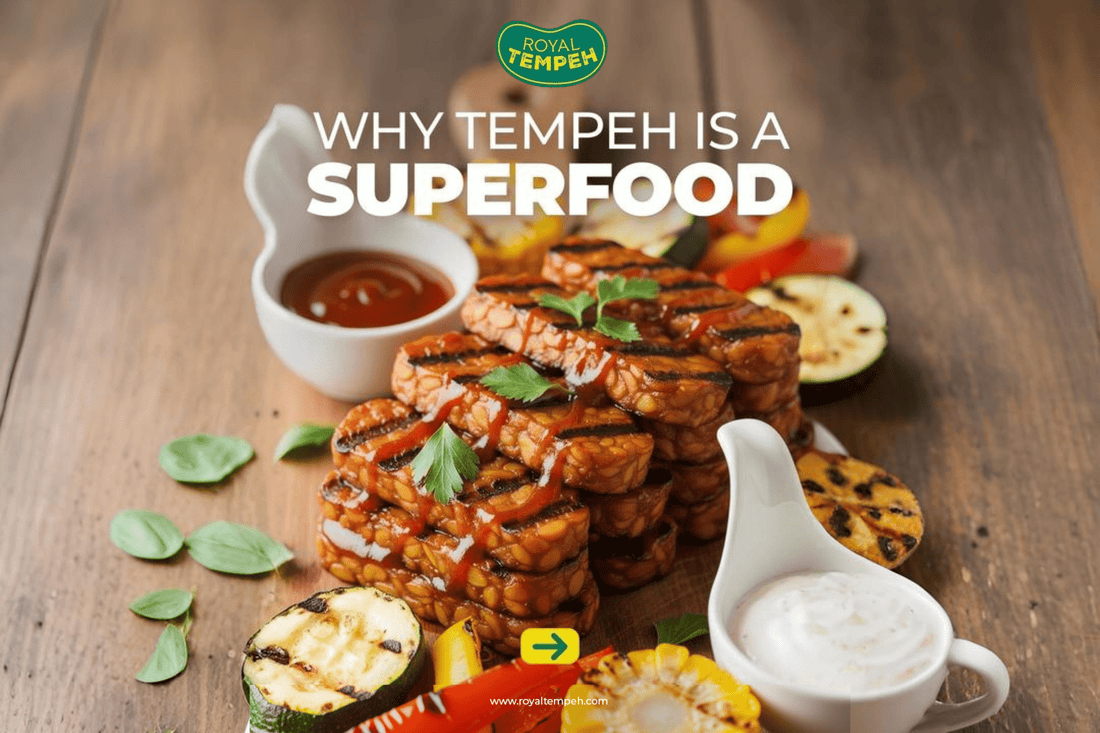 Grilled tempeh slices with sauce and vegetables, highlighting tempeh as a nutritious superfood.