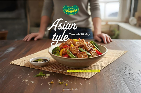 Royal Tempeh stir-fry with colorful vegetables and sesame seeds in a bowl.