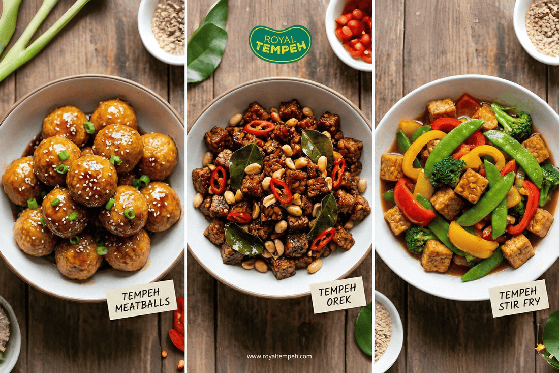 Three Royal Tempeh dishes: tempeh meatballs, tempeh orek, and tempeh stir fry.
