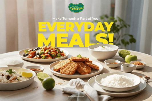 Royal Tempeh served with rice, salad, and side dishes on a bright dining table promoting everyday meals.