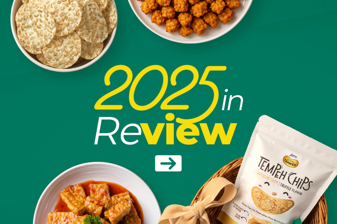 2025 in Review graphic with tempeh chips, cooked tempeh dish, and snack bowls on green background.