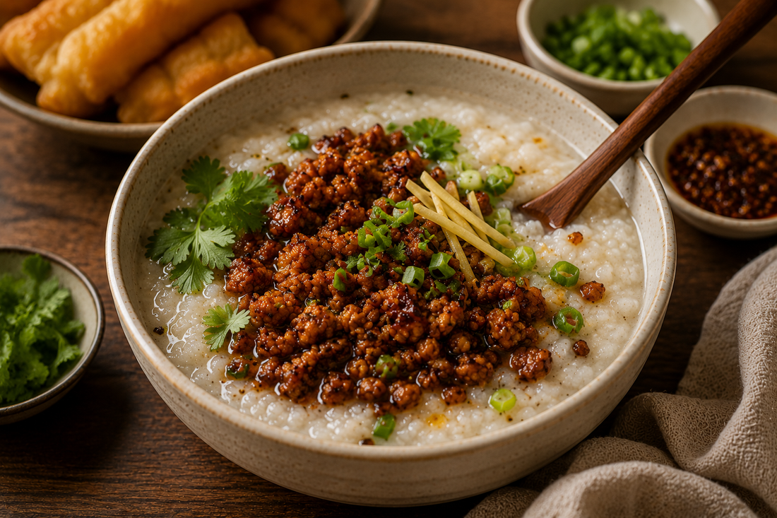 A rustic ceramic bowl filled with creamy Asian rice porridge congee topped with finely crumbled, savory cooked Royal Tempeh, julienned fresh ginger, chopped scallions, and a sprig of cilantro, served with a wooden spoon.