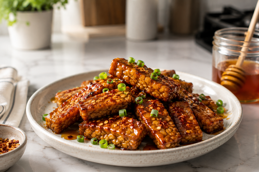 A white ceramic plate filled with crispy glazed hot honey tempeh strips garnished with sliced green onions and chili flakes, set beside a jar of vegan hot honey.