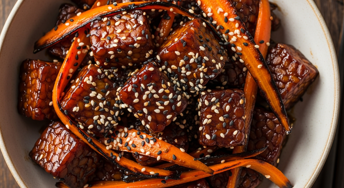 A close-up view of a bowl containing pan-seared cubes of Royal Tempeh and sliced carrots coated in a glossy, dark soy glaze and sprinkled generously with sesame seeds.