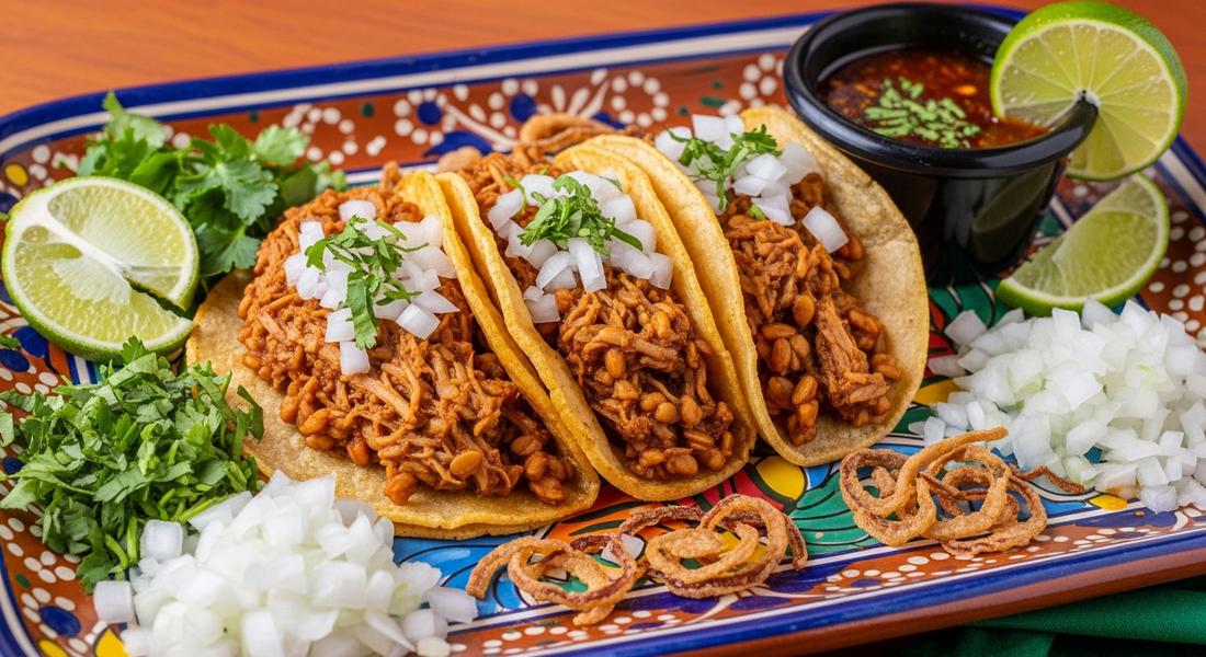 Three loaded tempeh birria-style tacos served on a vibrant platter with diced onions, fresh cilantro, lime wedges, a side of consommé dipping sauce, and crispy fried onions.