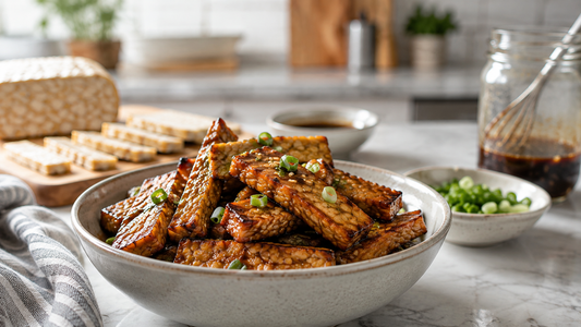 A bowl of golden-brown marinated tempeh strips garnished with green onions, set next to bowls of whisked marinades, soy sauce, and sliced raw tempeh.