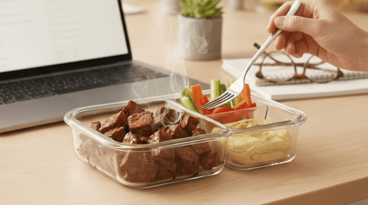 A glass meal prep container filled with cubed tempeh meal prep, fresh vegetable sticks, and a side of hummus on a desk next to a laptop.