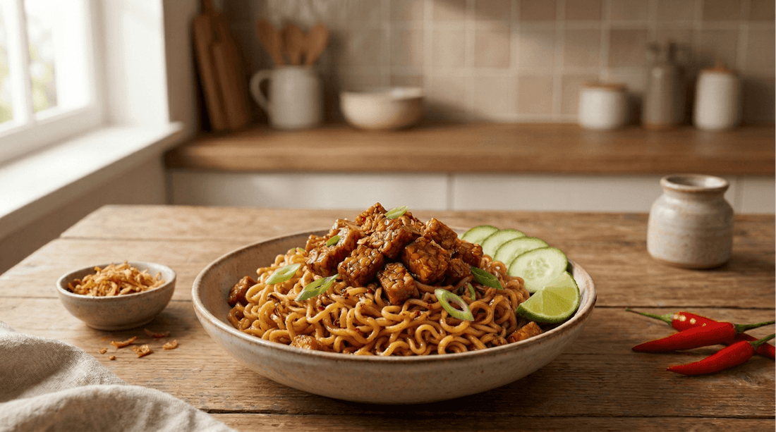 A bowl of mi sedaap instant noodles topped with savory tempeh orek, garnished with lime slices and fresh cucumber on a wooden table.