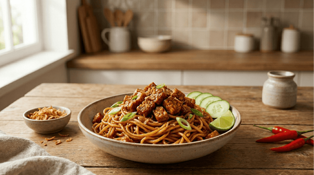 A bowl of savory tempeh orek recipe served over instant noodles, topped with fried shallots and fresh lime slices on a rustic wooden counter.