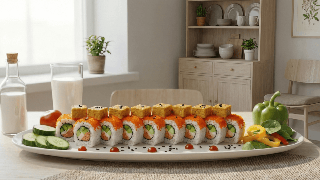 A long white platter featuring beautifully arranged tempeh sushi rolls topped with spicy mayo and sesame seeds, served with sliced cucumbers and peppers.
