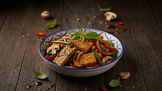 A steaming bowl of Thai basil tempeh recipe featuring cubed Royal Tempeh stir-fried with green beans, mushrooms, and red chilies, garnished with fresh basil leaves.
