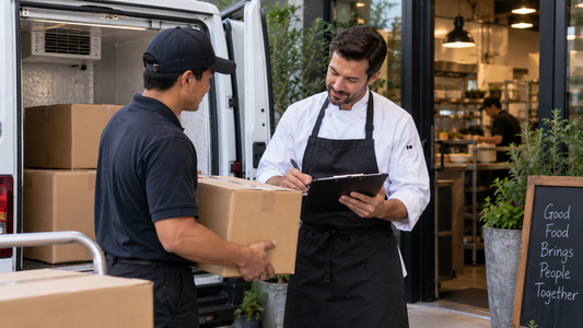 A delivery driver handing a shipping box to a smiling chef outside a commercial kitchen during a wholesale food drop-off.