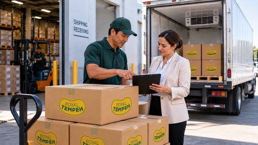 A delivery driver and a business buyer reviewing paperwork together in front of a shipping truck loaded with boxes branded with the Royal Tempeh logo.