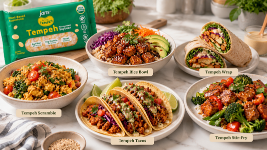 A spread of various easy vegan lunch dishes including a tempeh rice bowl, tempeh wrap, tempeh scramble, tempeh tacos, and tempeh stir-fry, displayed alongside a package of Royal Tempeh.