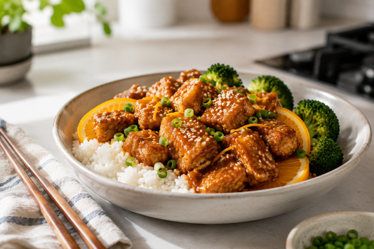 A bowl of crispy vegan orange chicken tempeh glazed in sweet citrus sauce with sesame seeds, served over white rice with fresh orange slices and steamed broccoli.