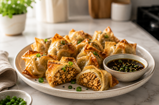 A plate of golden-brown crispy vegan wontons filled with seasoned tempeh, served with a small bowl of soy dipping sauce garnished with green onions.