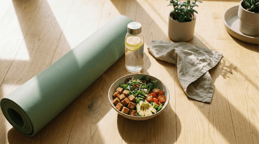 A fitness-themed setting featuring a rolled yoga mat, a water bottle, and a healthy bowl of Royal Tempeh and fresh vegetables on a sunny wooden floor.